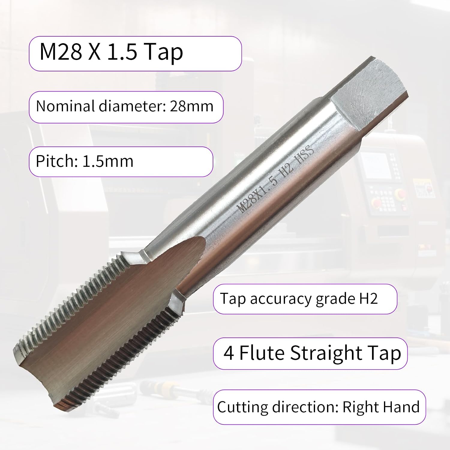 M28 X 1.5 Tap, Metric Thread Tap, Right Hand, 1.5mm Pitch, Straight Flute, 4 Flute, High Speed Steel, H2 Accuracy Grade, Machine Tap