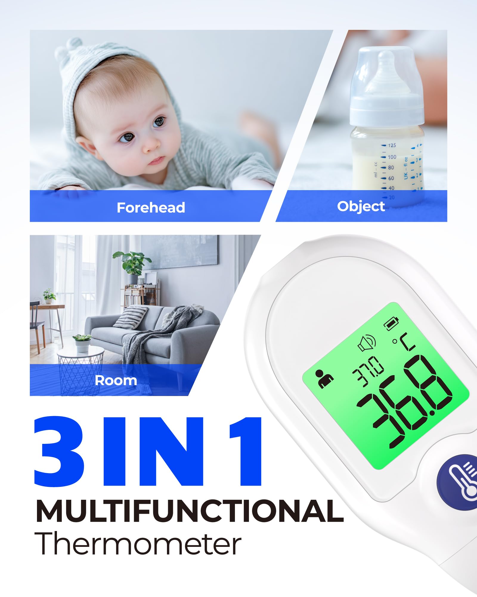 Thermomètre Frontal Bébé, Sans Contact, Ultra-Léger, Mesure Instantanée | Facile Utilisation, Écran Tricolore, Alerte Fièvre, Multifonction 3 en 1
