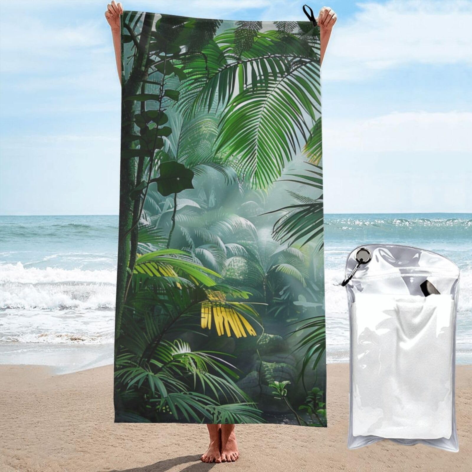 kkvhhyuo Microfiber Beach Towel, Tropical Rainforest Jungle Scene Printed Lightweight Quick Dry Travel Bath Sheet with Compact Carry Bag for Swimming Yoga Camping Gym,31.5"x63"