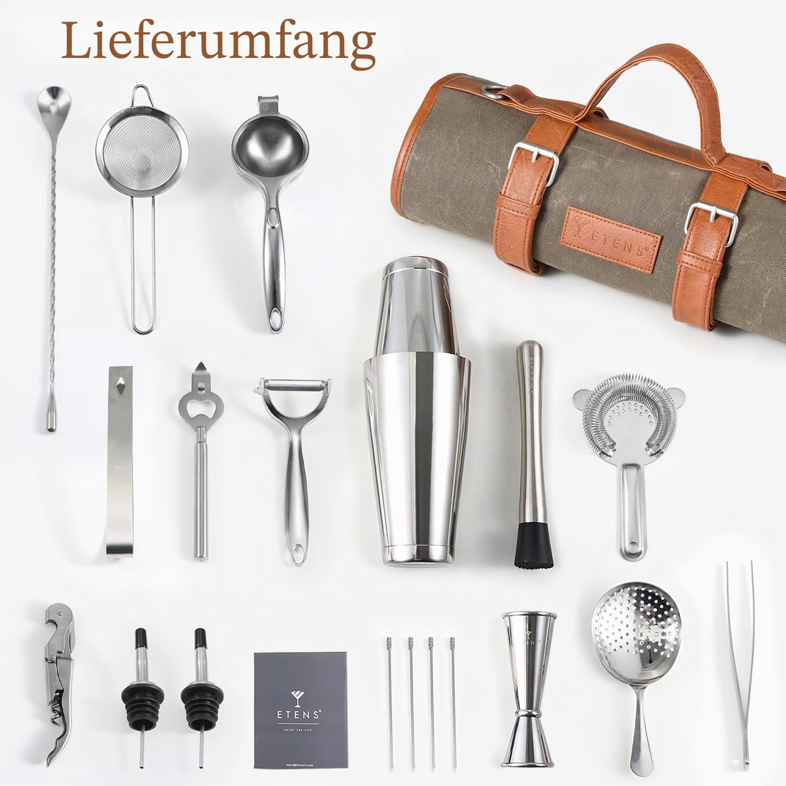 Etens Reise-Barkeeper-Set – 22-teiliges Barset, Cocktail-Set mit Edelstahl-Barwerkzeugen & gewachster Canvas-Tasche – Barkeeper Set, Barzubehör mit Boston Shakern, Jigger, Sieben & Zitronenpresse