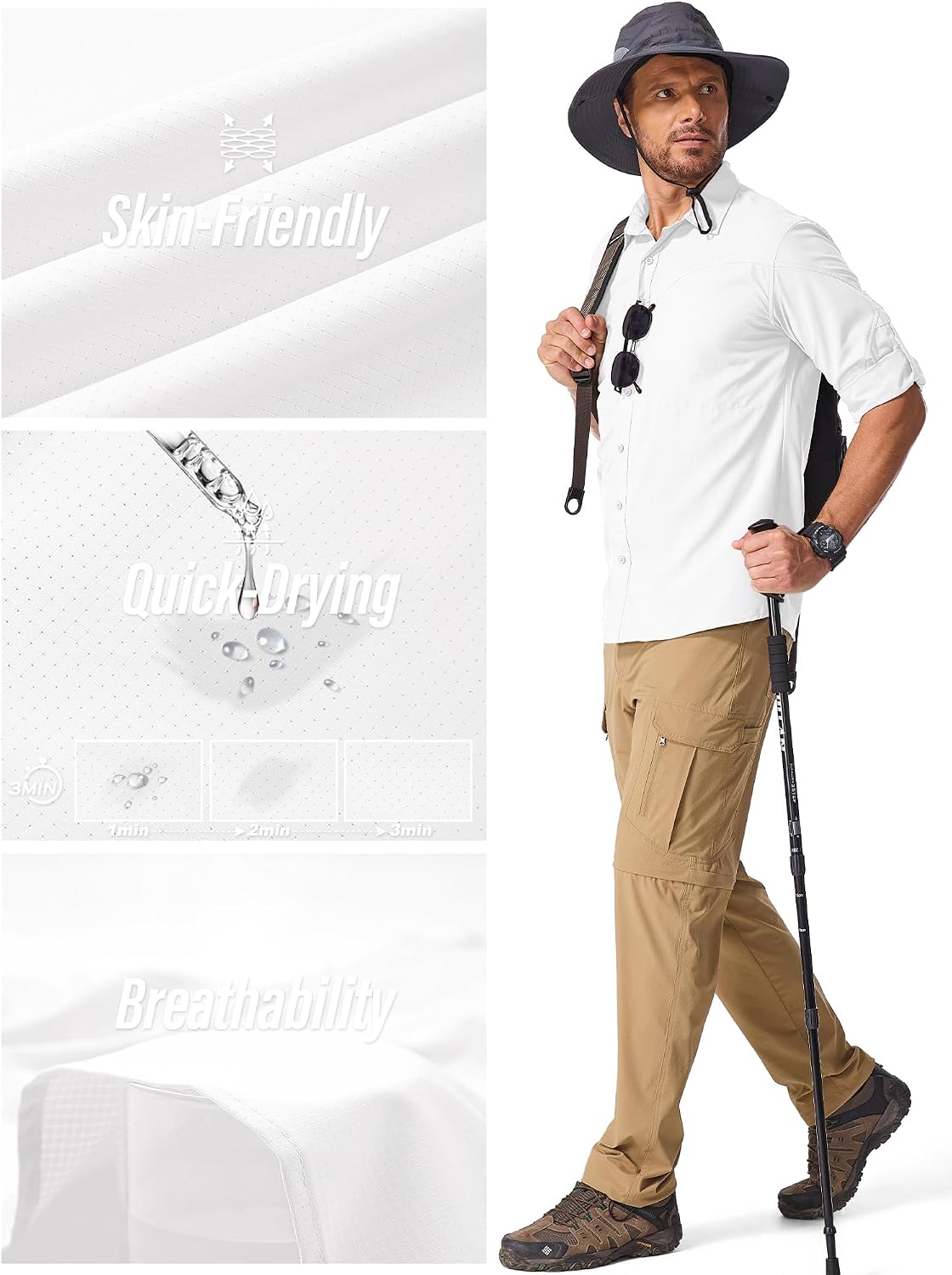 Men's Safari Shirts Sun Protection Long Sleeve UPF 50 UV Quick Dry Travel Hiking Fishing Shirts with Zipper