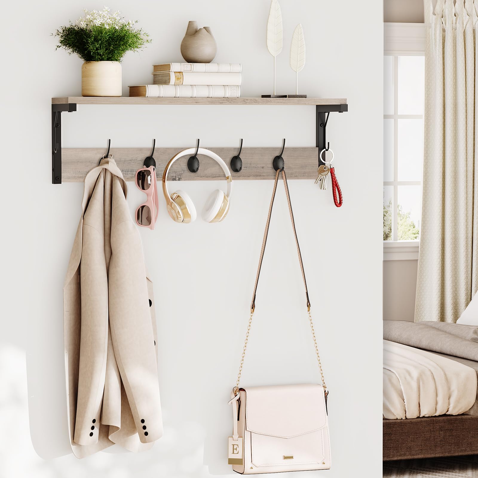 HOOBRO Perchero de Pared, Perchero con 7 Ganchos y Estante, 70 x 15 x 25 cm, para Pasillo, Entrada, Dormitorio, Cocina, Gris y Negro EBG16YM01