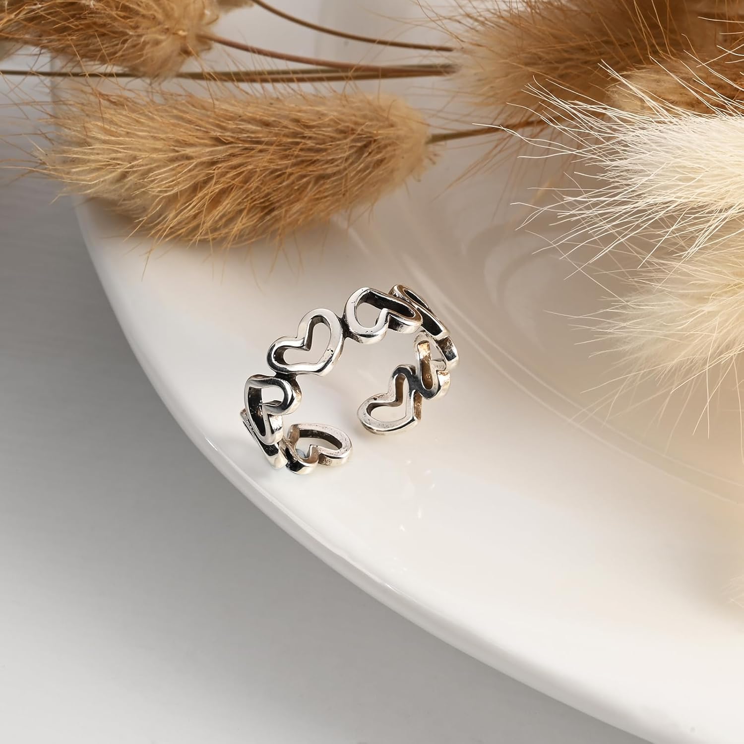 Silver Heart Ring - Adjustable Vintage Sterling Silver Open Heart Ring for Women, Unique Statement Thumb - Image 5