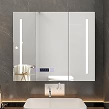 SogesHome Bathroom Medicine Cabinet with LED Lights and Mirror Wall Mount Make up Mirror Cabinet with Double Touch Switches for Color Change Dimmer Anti-Fog Memory Funtion LED Vanity Mirror with Storage Memory Funtion (29.5“x26”, Half Light-Grey)
