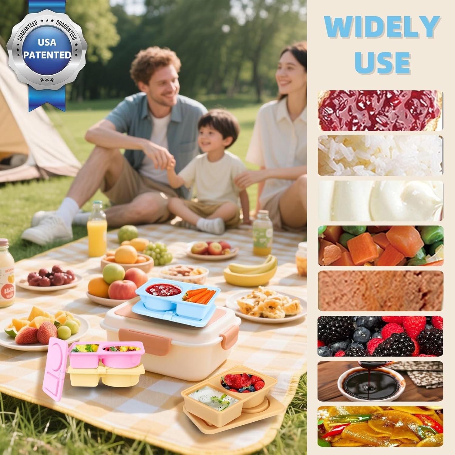 Reusable Silicone Snack Containers with Lid - 3 Pack Double Compartment Snack Containers with Lids, To Go Containers Two Section for Salad Used for Take-Out Travel - Image 2