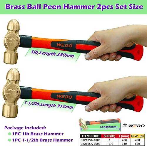 Miniatura 60 de WEDO Martillo de bola de latón de 12 onzas, martillo de bola con mango de madera, longitud 280 mm (11"), forjado a presión, resistente a la madera