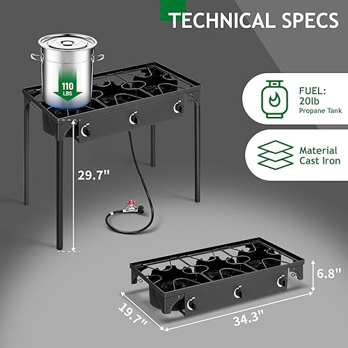 Miniatura 2 de Karl home Estufa de gas propano de 3 quemadores para cocinar al aire libre, cocina de campamento de 225,000 BTU con patas extraíbles y regulador PSI