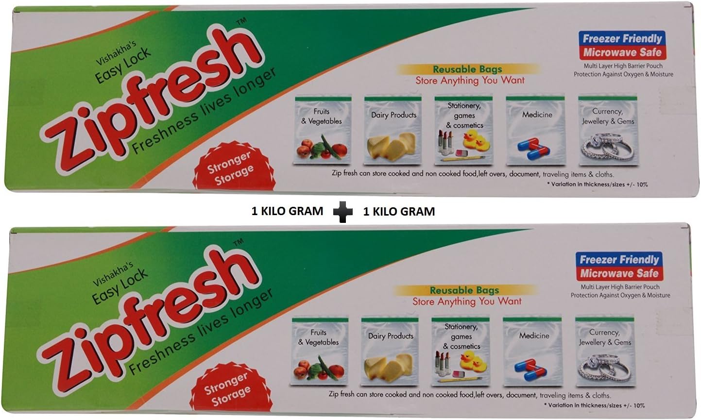 Amit Marketing Zipfresh Food Storage Bag | Multi-Purpose Lock Pouch Bags | Washable and Reusable | Durable and long-lasting BPA-free - Pack of 20 (1 KG - 10 Pcs + 1 KG - 10 Pcs)
