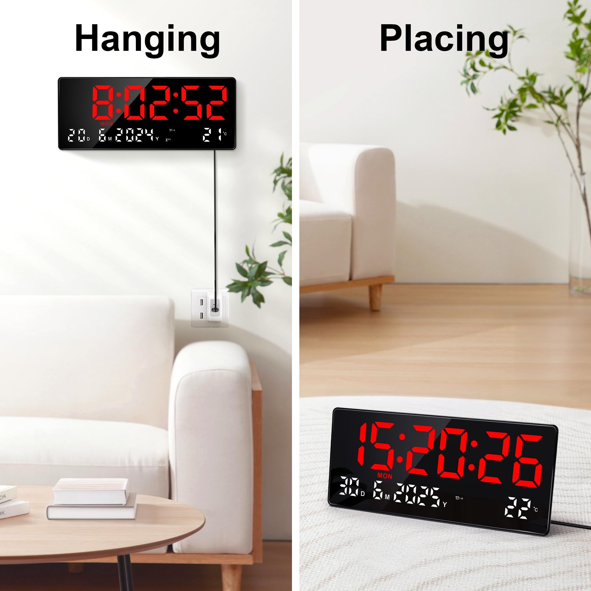 Lafocuse 15.5" Reloj de Pared Digital con LED Pantalla Grande, Silencioso Reloj Digital Sobremesa con Temperatura, Fecha, 2 Alarma, 12/24 Horas, Brillo Ajustable, para Salon Cocina Oficina, Rojo