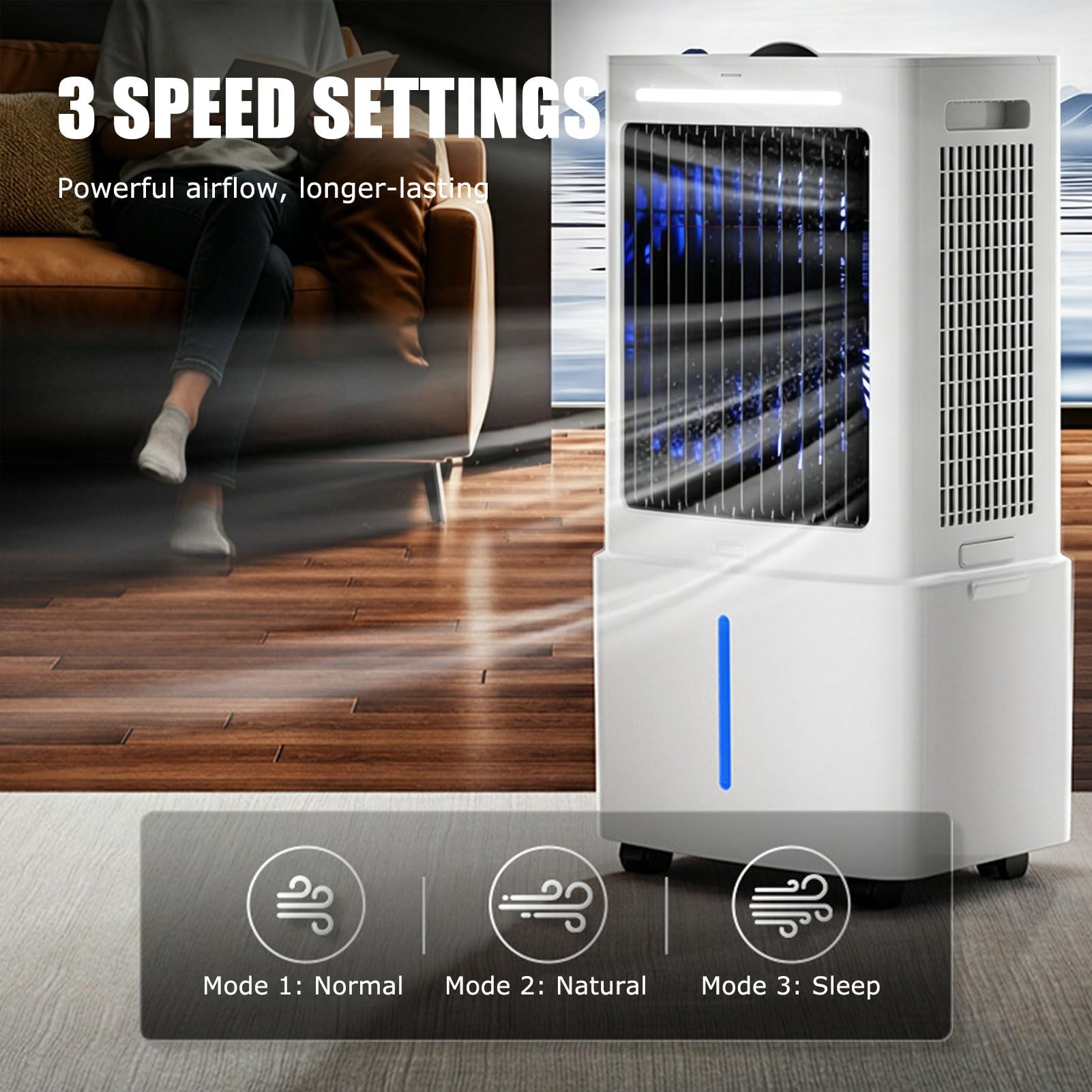 Raffrescatore Evaporativo 25L, Raffrescatore d'Aria Portatile senza Finestre 3-in-1, 3 Velocità e Modalità, Telecomando, Timer 12h, Pacchetti Ghiaccio, per Soggiorno, Ufficio, Officina