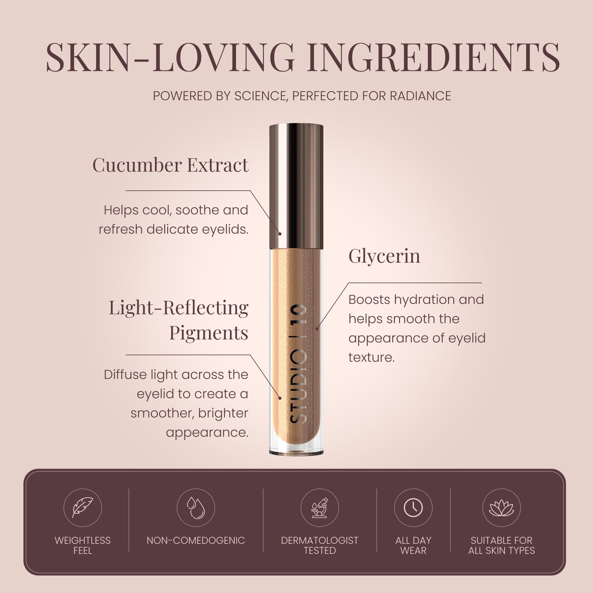 Studio 10 - Ombretto liquido I-Radiance Shimmer e formula che aumenta l'umidità e a lunga durata, ombretto liquido metallizzato in tonalità zibellino