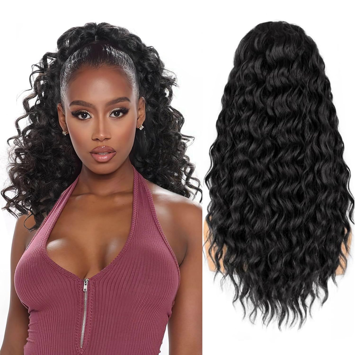Afro Kinky Curly Ponytail for Women Drawstring Ponytail Synthetic Hair Extension Afro Drawstring Curly Pony tail with Clip in Hairpiece (Black 1B#