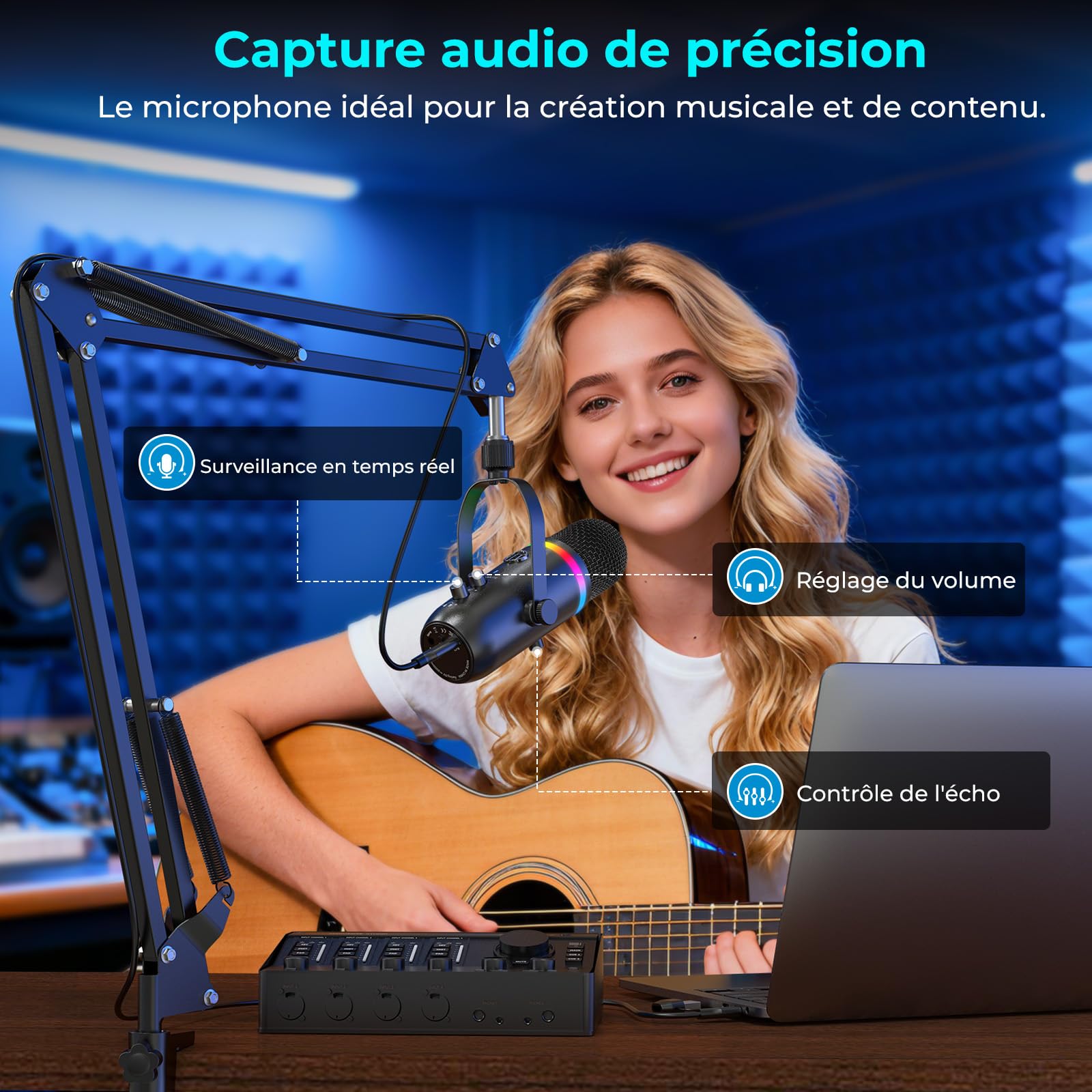 zealsound RGB Micro Gaming avec Bras, et Réduction de Bruit pour PC Telephone PS4/5, USB Microphone à Condensateur pour Podcast, Streaming, Twitch, Youtube, Discord, aevc Bouton de Silence et Gain