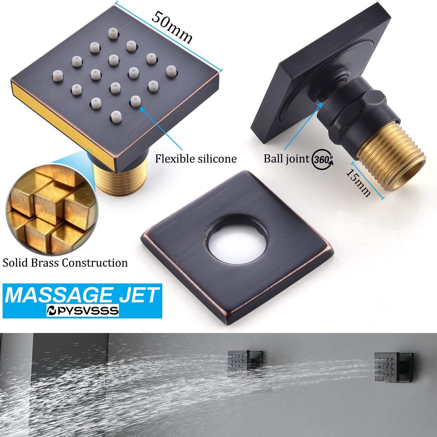Diagram showing dimensions and features of a massage jet, including solid brass and flexible silicone