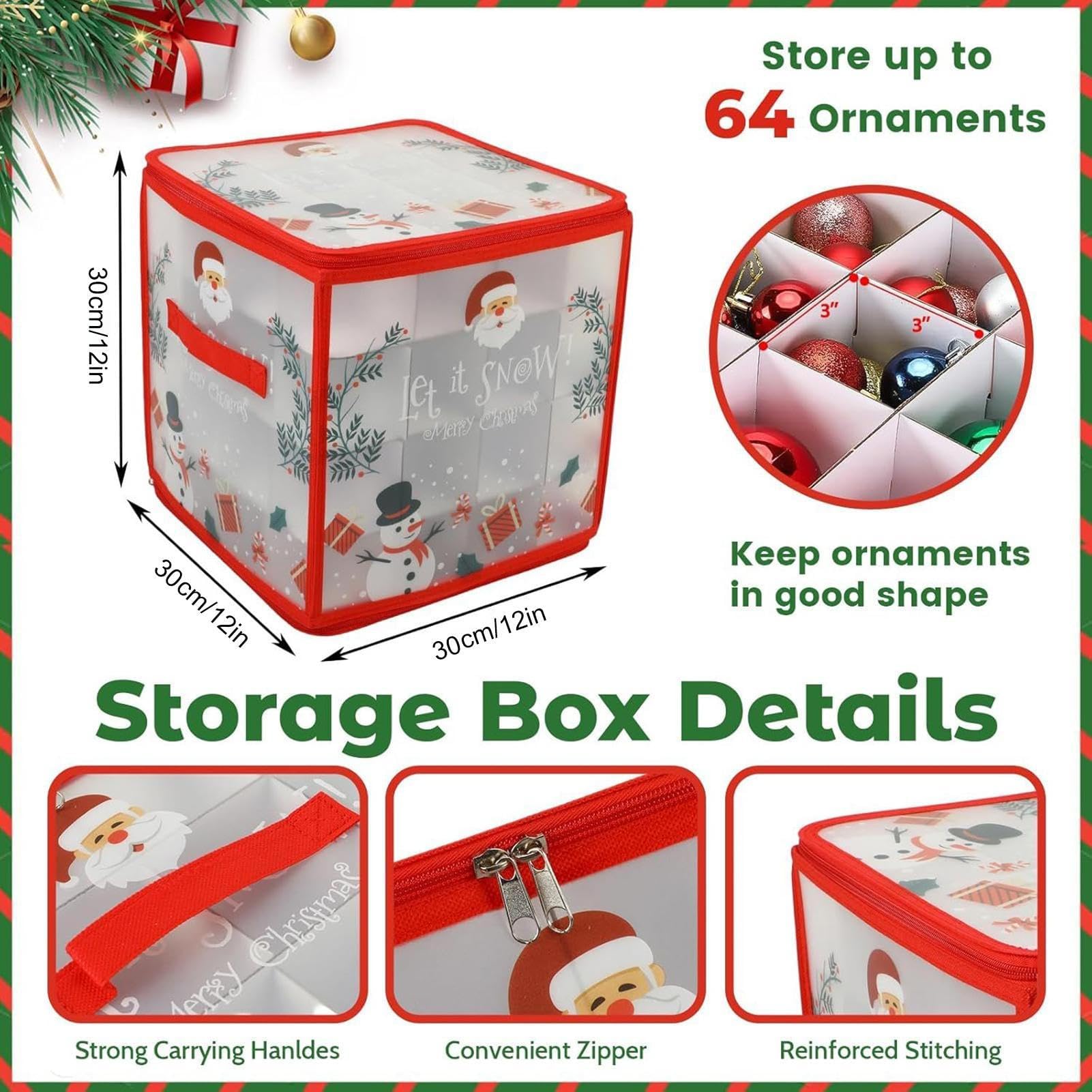 Ornament Aufbewahrungsbox mit Reißverschluss, Trennwänden, Deckel & Griff | Für 64 Kugeln, geeignet für Ferienhaus, Keller, Garage, Schrank, Studentenwohnheim