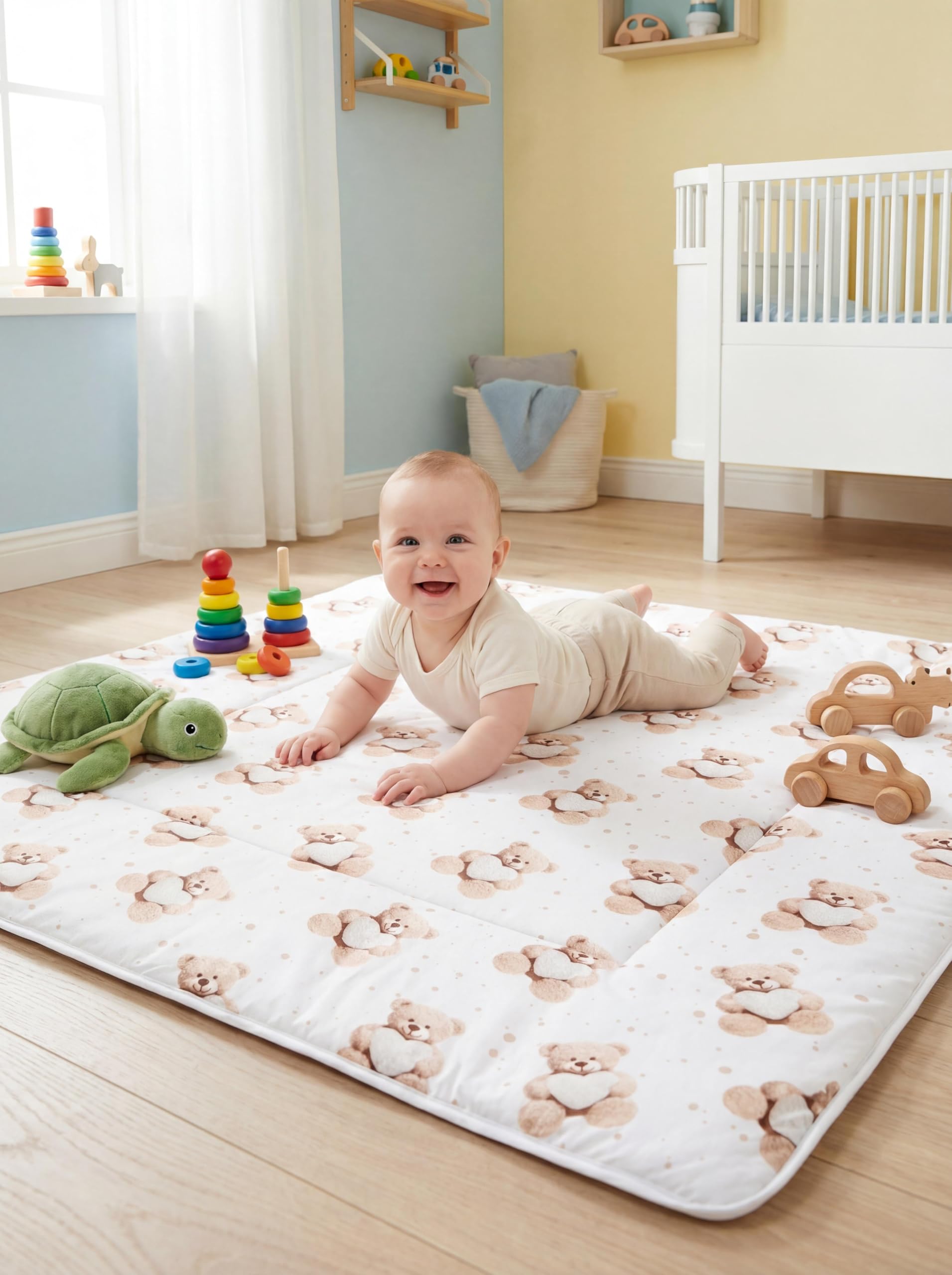 TupTam Tappeto Play Mat Per Bambini e Neonati Coperta 120 x 120 cm Gioco Imbottita XXL, Orsacchiotto con cuore/Beige - 3