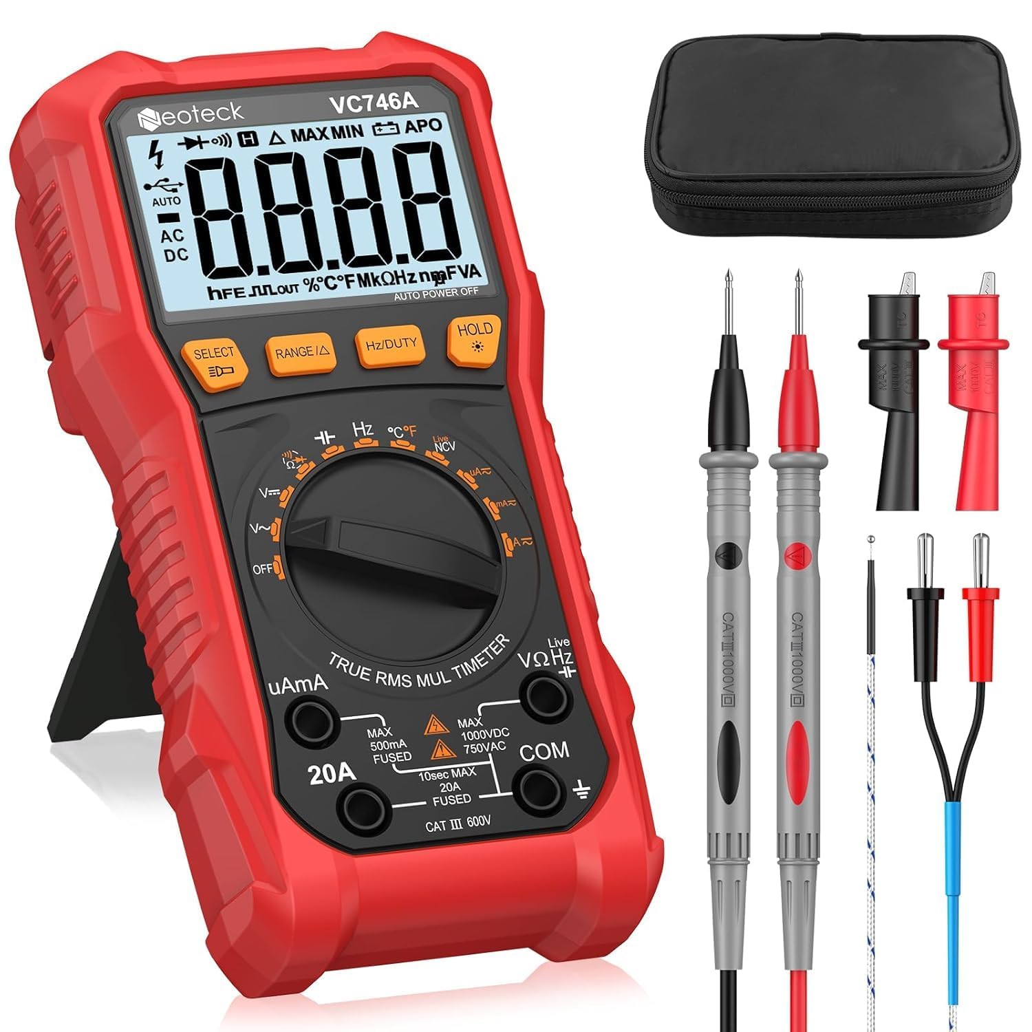 Neoteck Digital Multimeter 6000 Counts TRMS Auto Range NCV Live Detector, AC/DC Voltage Current Meter with Temperature, Capacitance, Resistance, Continuity Test, Backlight & Flashlight – Red