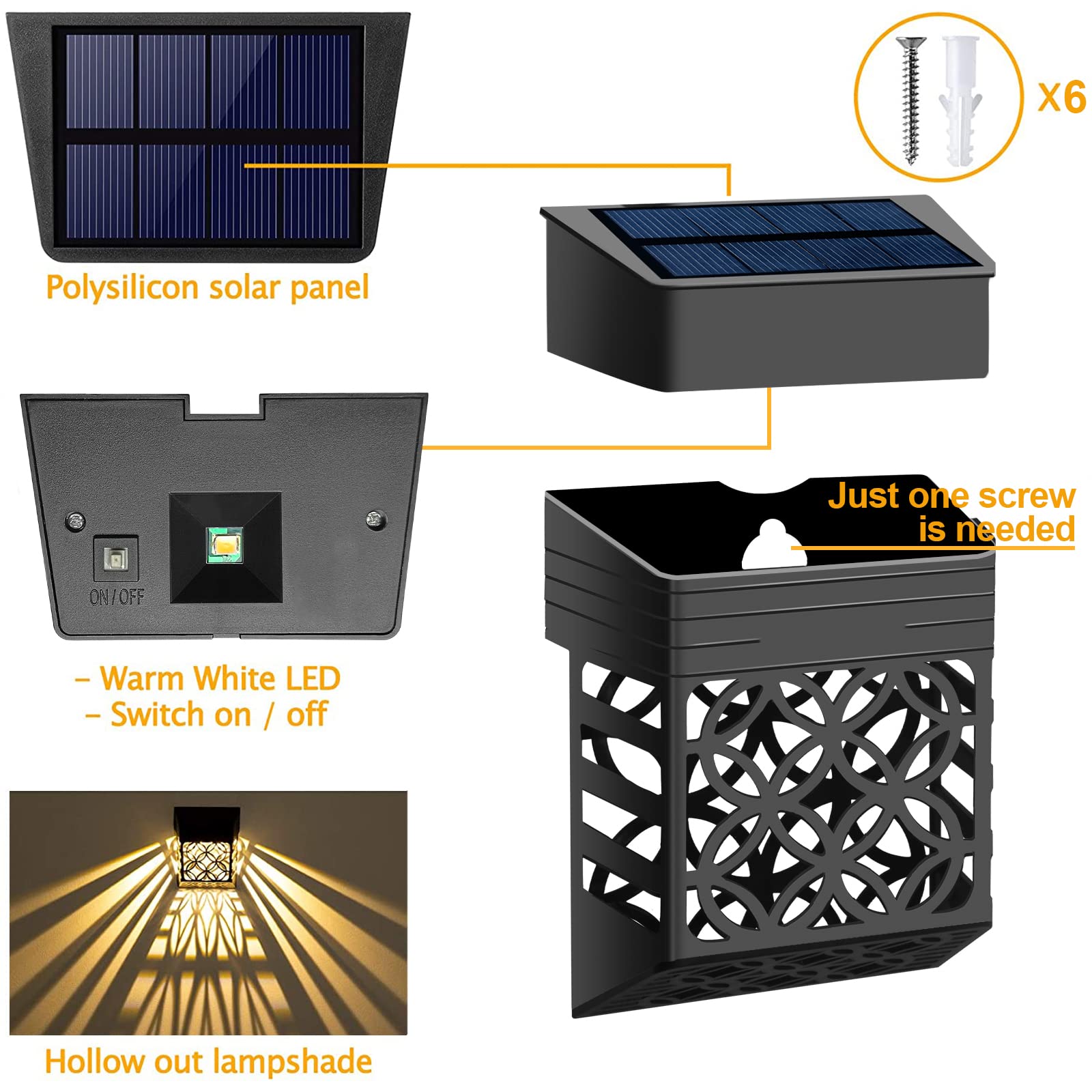 6 Pieces Solar Outdoor Fence Lights, 2 Modes Warm White - View #4