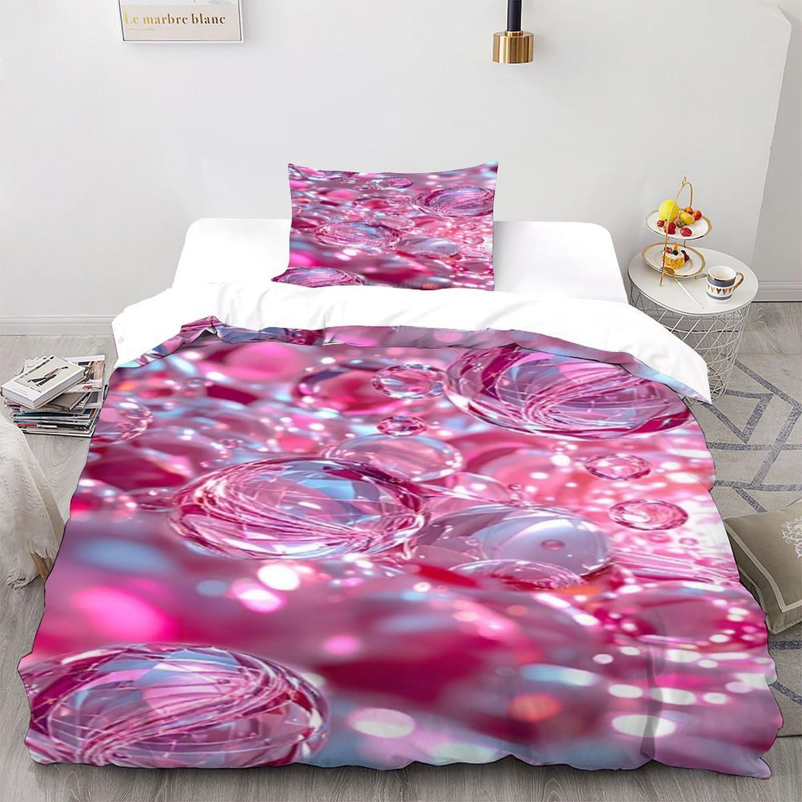 Housse de couette 2 pièces parure de lit microfibre rose imprimé plante 135x200 fermeture éclair