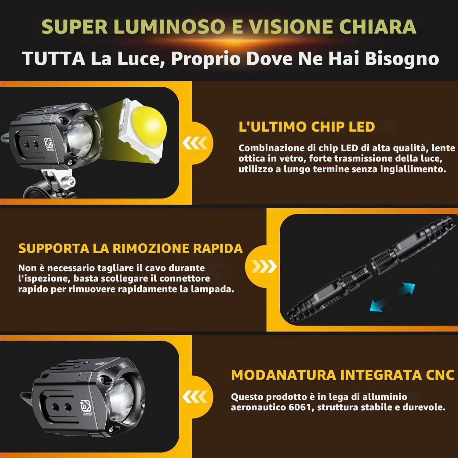 Kewig Luce aggiuntiva a LED per moto, 60 W, ambra/giallo e bianco, due colori, fendinebbia con cablaggio, faro da lavoro fuoristrada, compatibile con moto J-eep, SUV (nero)
