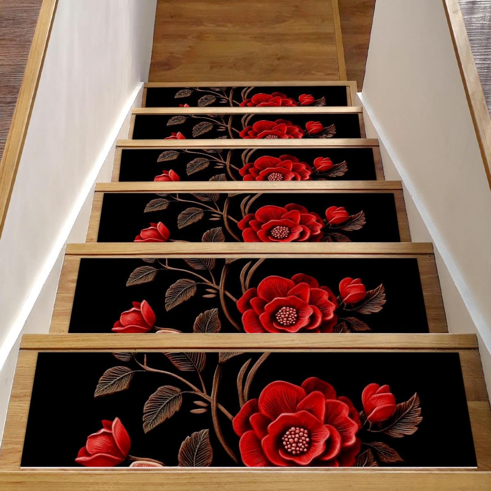 Peldaños de escalera antideslizantes de 8x30 para niños y mascotas alfombras de flores rojas