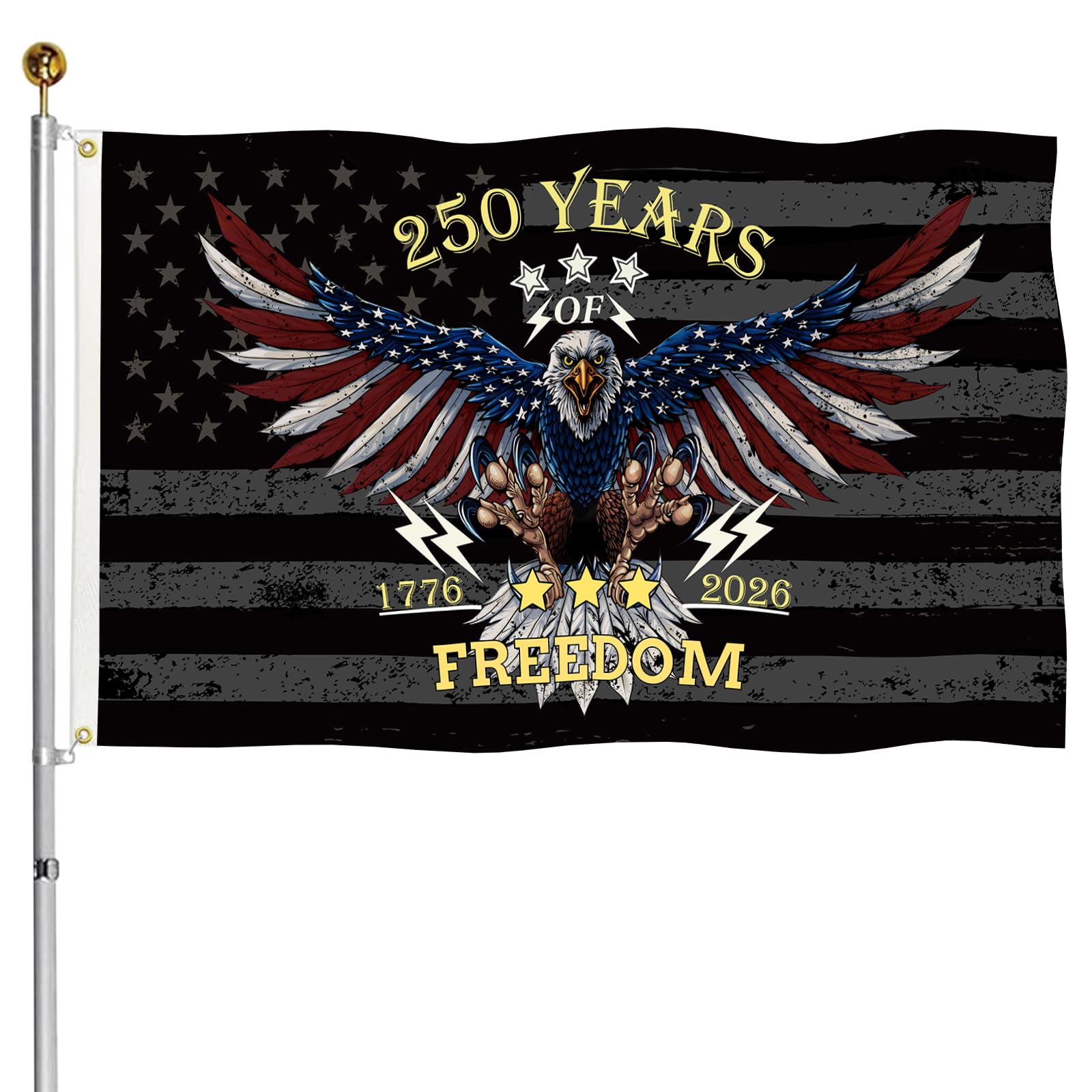 3 Ply 250 Anniversary USA Flag 250 Year American Anniversary Flag 250th Patriotic Bald Eagle Freedom 1776-2026 3x5 ft Double Sided Heavy Duty Outdoor Black & Gray American Flag Canvas Header 4th of July