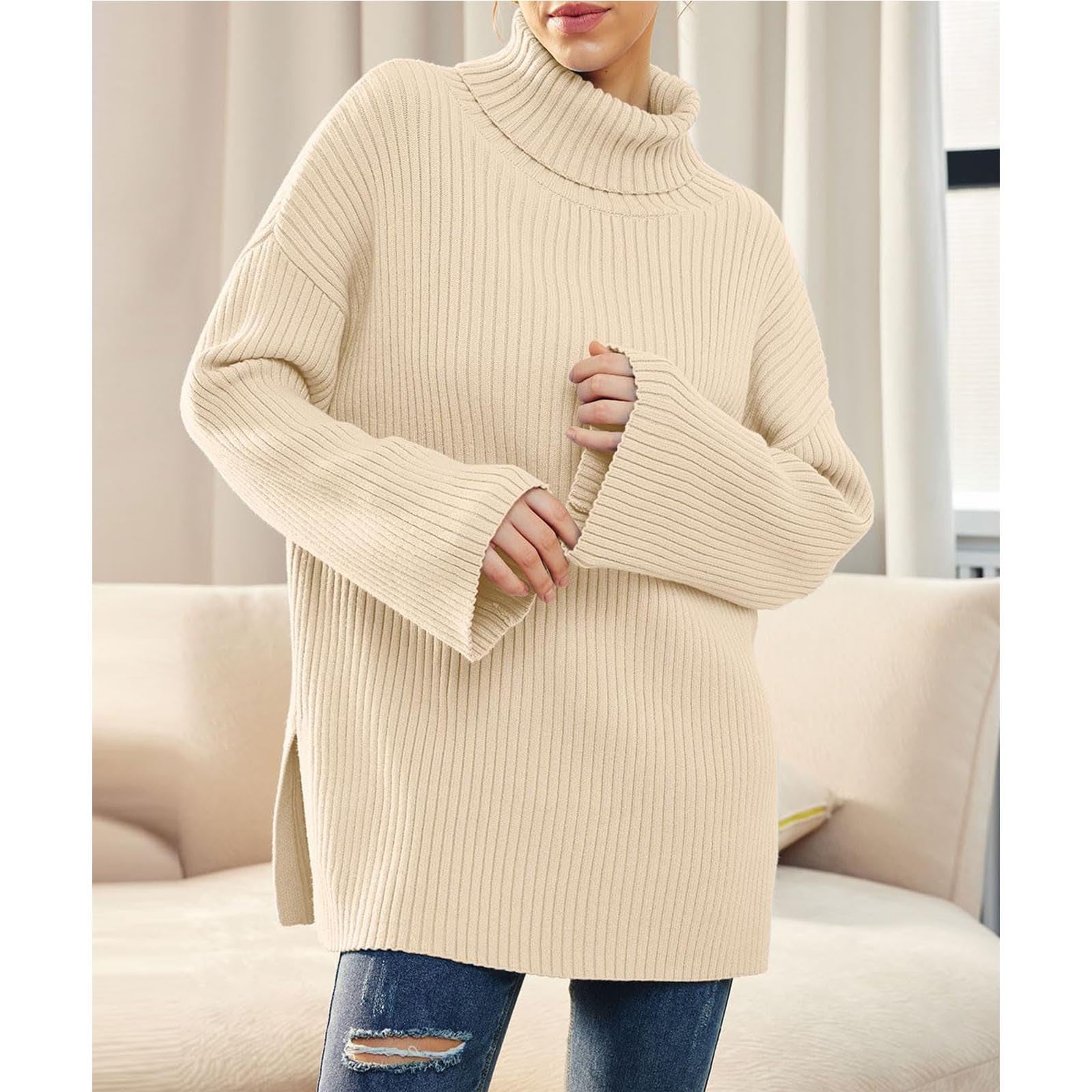 Greabuy Maglione a collo alto oversize alla moda da donna maglione a costine felpa per donna maglione casual camicie da donna maglioni da donna felpe leggere in maglia