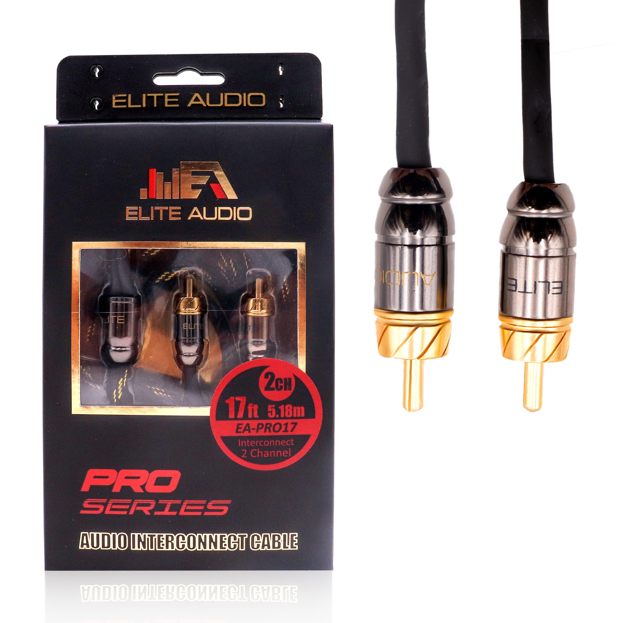 Elite Audio Pro Series 17ft. 2-Channel Car Audio RCA Cable - Triple Shielded, Brass Connectors, Oxygen Free Copper, Noise Reducing Audio Cable for Amplifiers Subwoofers Speakers and Processors – PRO17