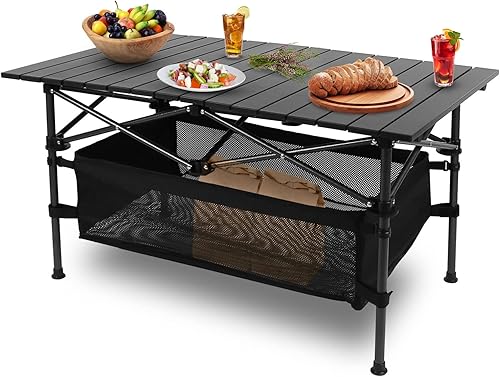 Moclever Camping Table with Storage Folding Camping Table Portable Aluminum Roll-up Table with Mesh Basket  Carrying Bag for Outdoor Beach Backyard