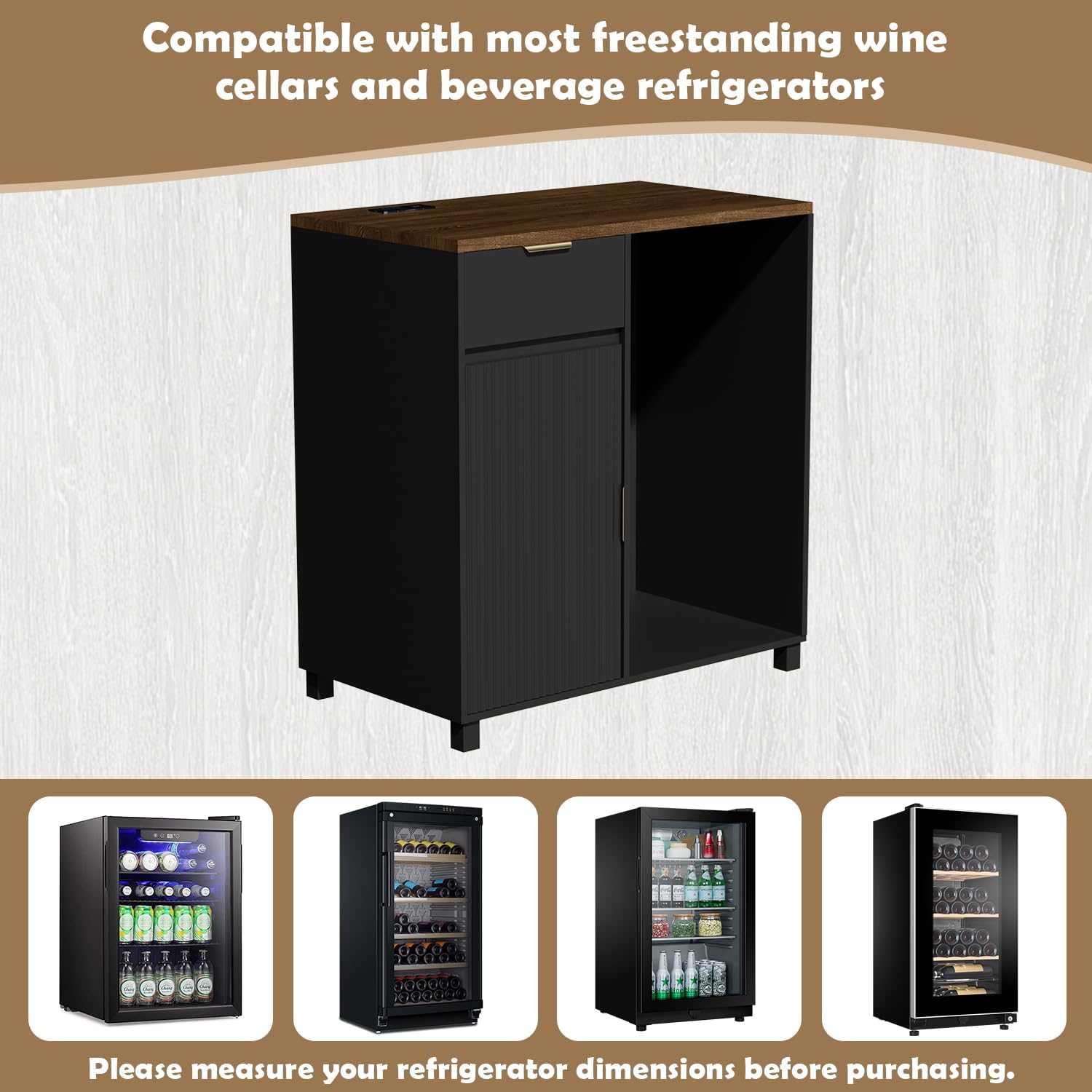 Coffee Bar with Mini Fridge Space, Bar Cabinet with Power Outlet, Liquor Wine Cabinet with Fluted Door and Adjustable Shelf for Dining Room, Living Room, Kitchen