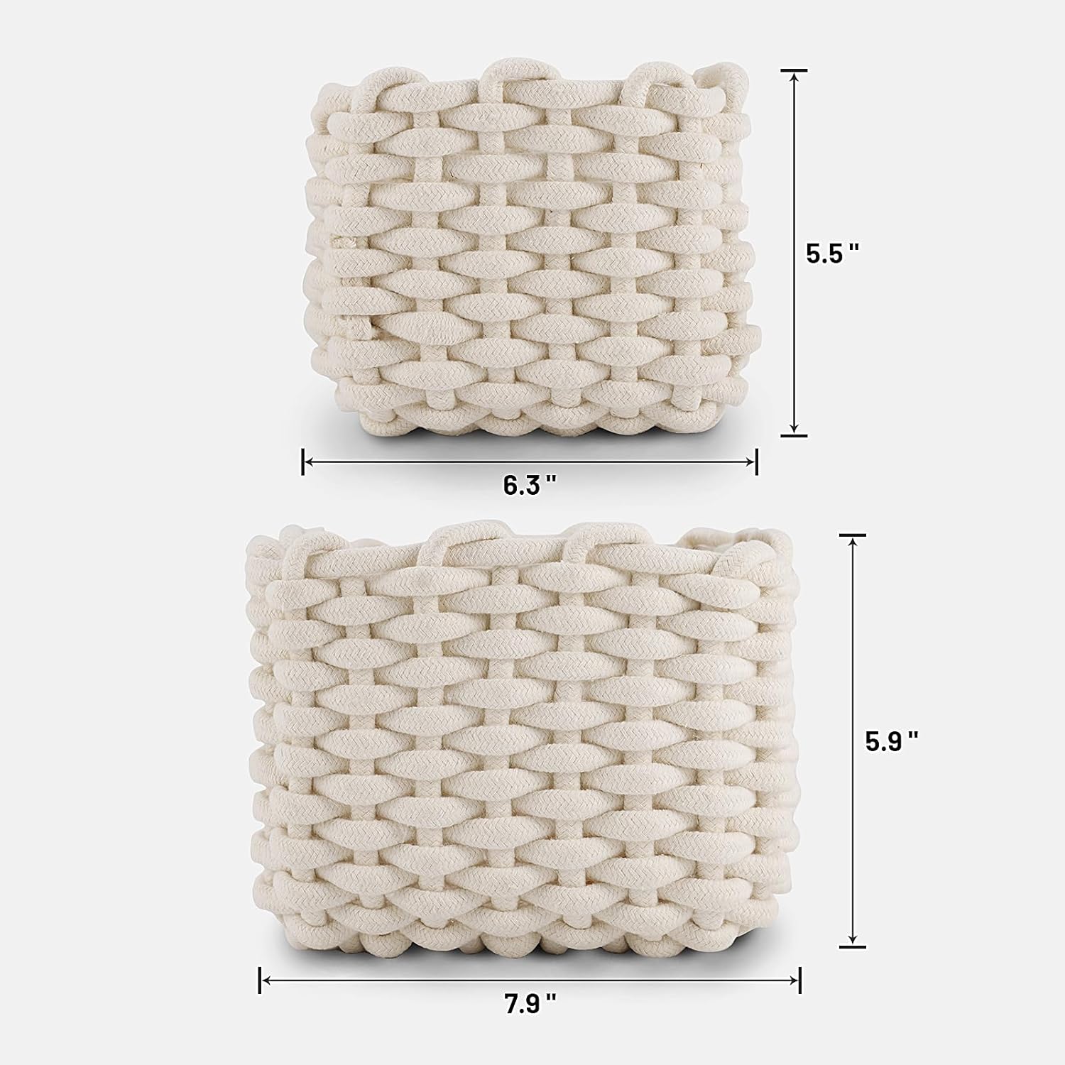 Small Woven Baskets, Decorative Square Storage Baskets for Pantry, Shelves, Living Room, Cotton Rope Organizer, Multi-Size, 2-Pack (White)