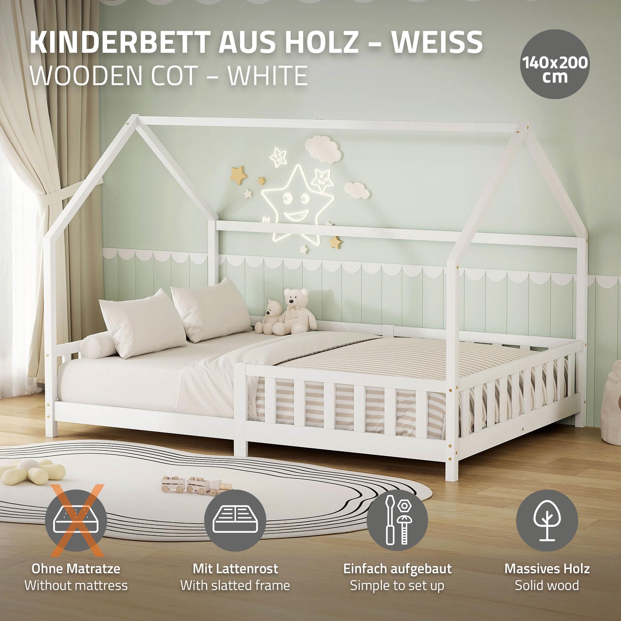ML-Design Cama Infantil 140x200cm Blanco, con Protección Anticaída, Techo y Somier, Estructura Listones de Madera de Maciza de Pino Lecho Doble Montessori Forma de Casa Mobiliario Juvenil, para Niños