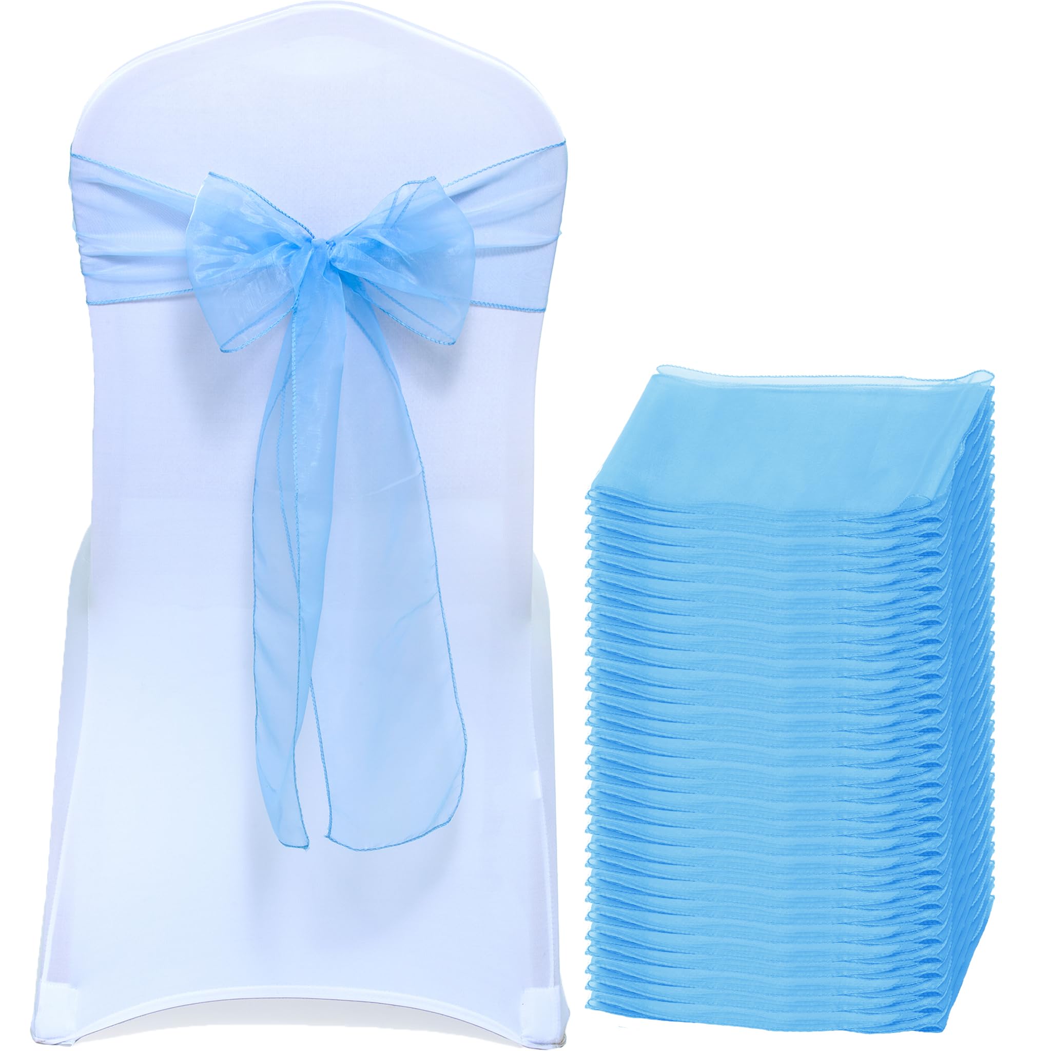 EDecor Pack of 200 Organza Chair Sashes for Wedding & Party Decorations – Reusable Sheer Chair Bows Tie Back for Banquet Chairs, Bridal Shower, Birthday, Reception Event Styling Décor - Baby Blue