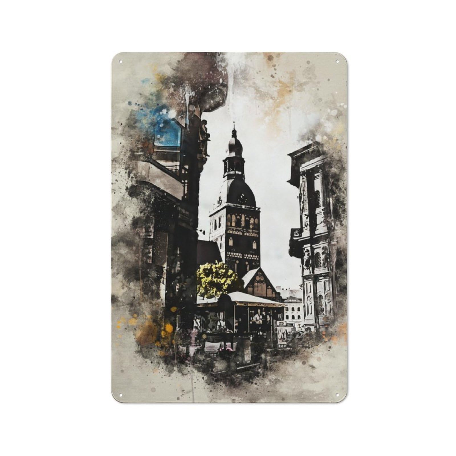 Junmoney Riga Latvia Watercolor Retro Metal Plaque 30X20cm For Bar Or Restaurant, Suited To Restaurant Interior Fans