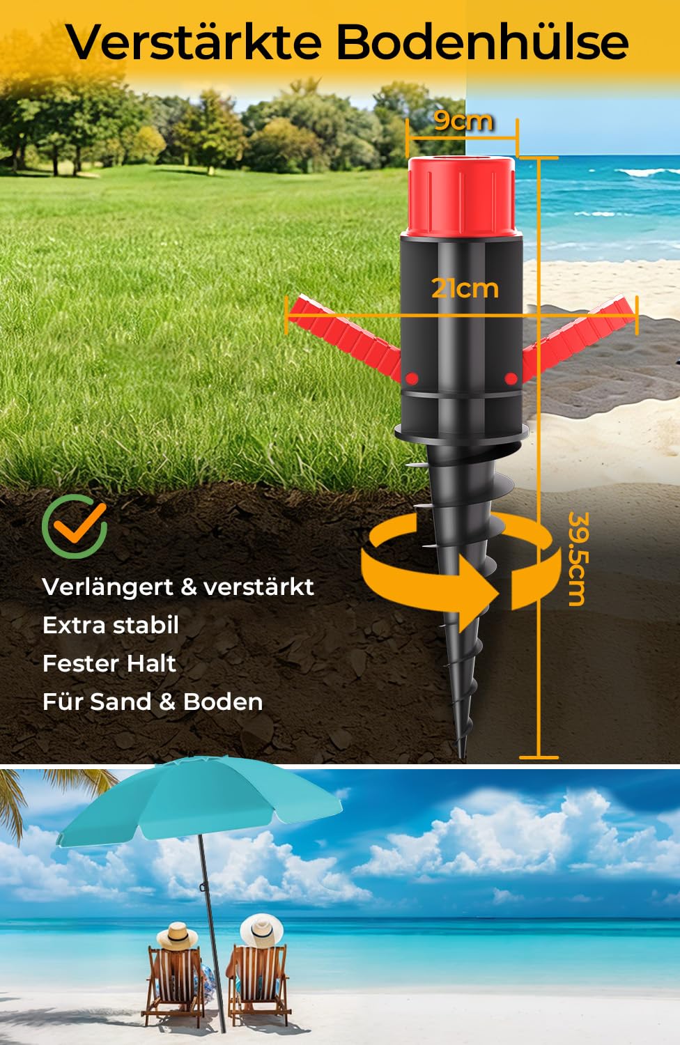 HOMEDEMO Sonnenschirm Strandschirm mit Bodenhülse, Gartenschirm Marktschirm, Terrassenschirm mit Schutzhülle, rund Sonnenschutzschirm UV50+ Schutz