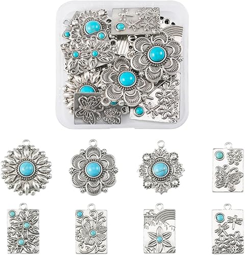 Miniatura 7 de pandahall Joyería bohemia de los colgantes de la turquesa del estilo tibetano de los encantos de la piedra turquesa de, Aleación sintética, Turquesa
