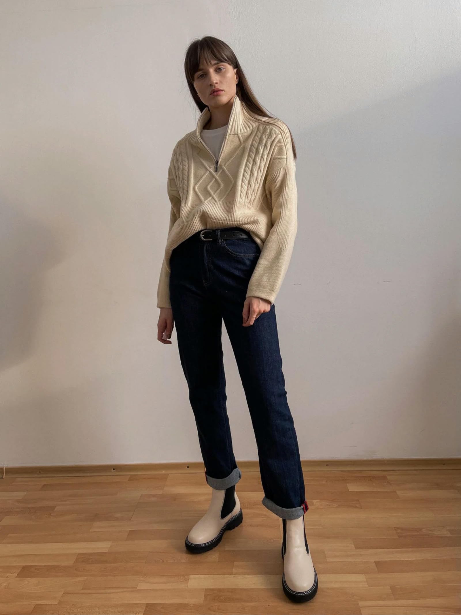 Sweter dla kobiet, sweter oversize, gruby, ciepły sweter z dzianiny, solidny długi rękaw, golf, zamek błyskawiczny, płaszcz zimowy