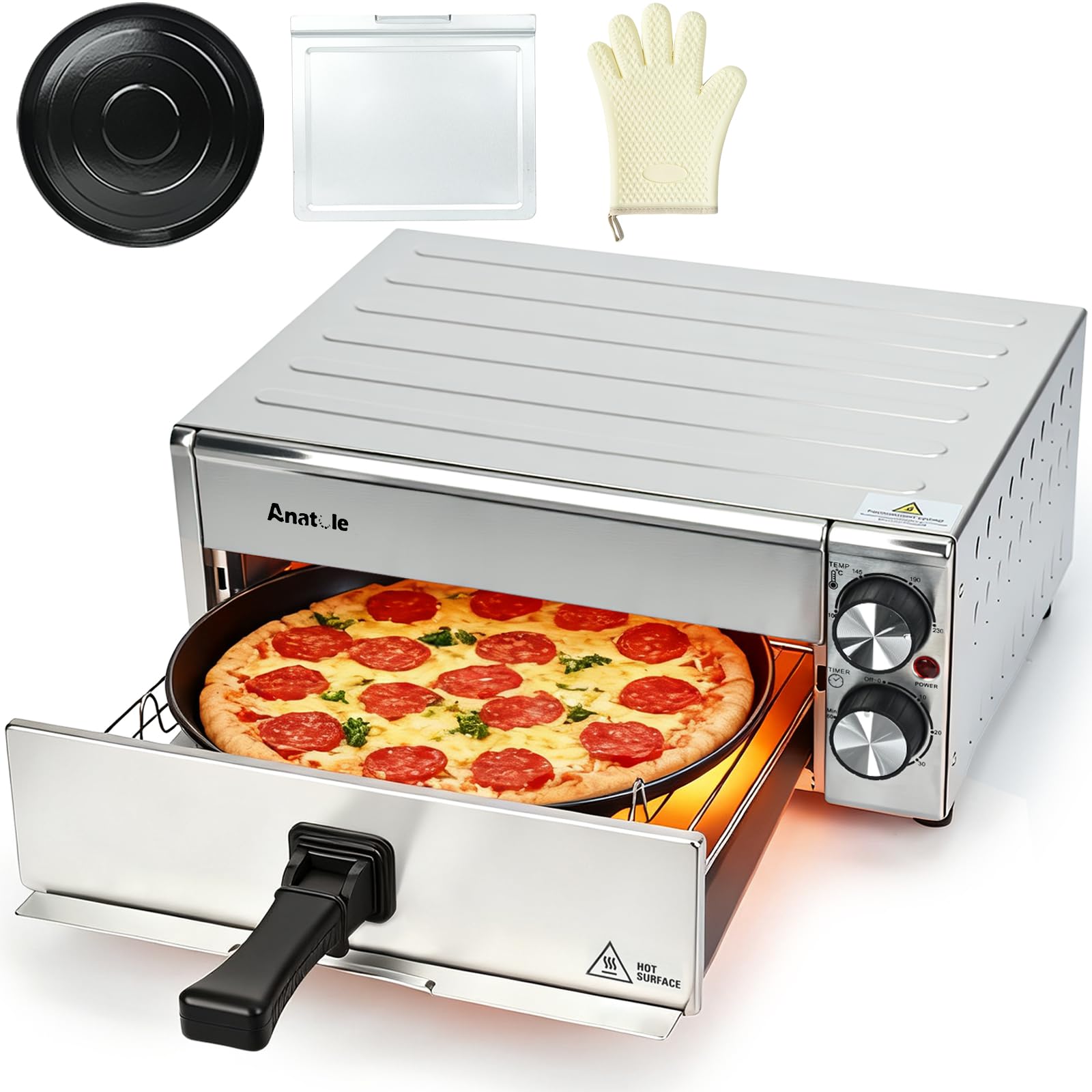 Anatole Horno de Pizza Eléctrico Freidora de Aire Acero Inoxidable 12" 1800W Pizzera Sobremesa Tiempo Temperatura Ajustable Pizza Oven Interior Multifuncional con Parrilla Bandeja Extraíble