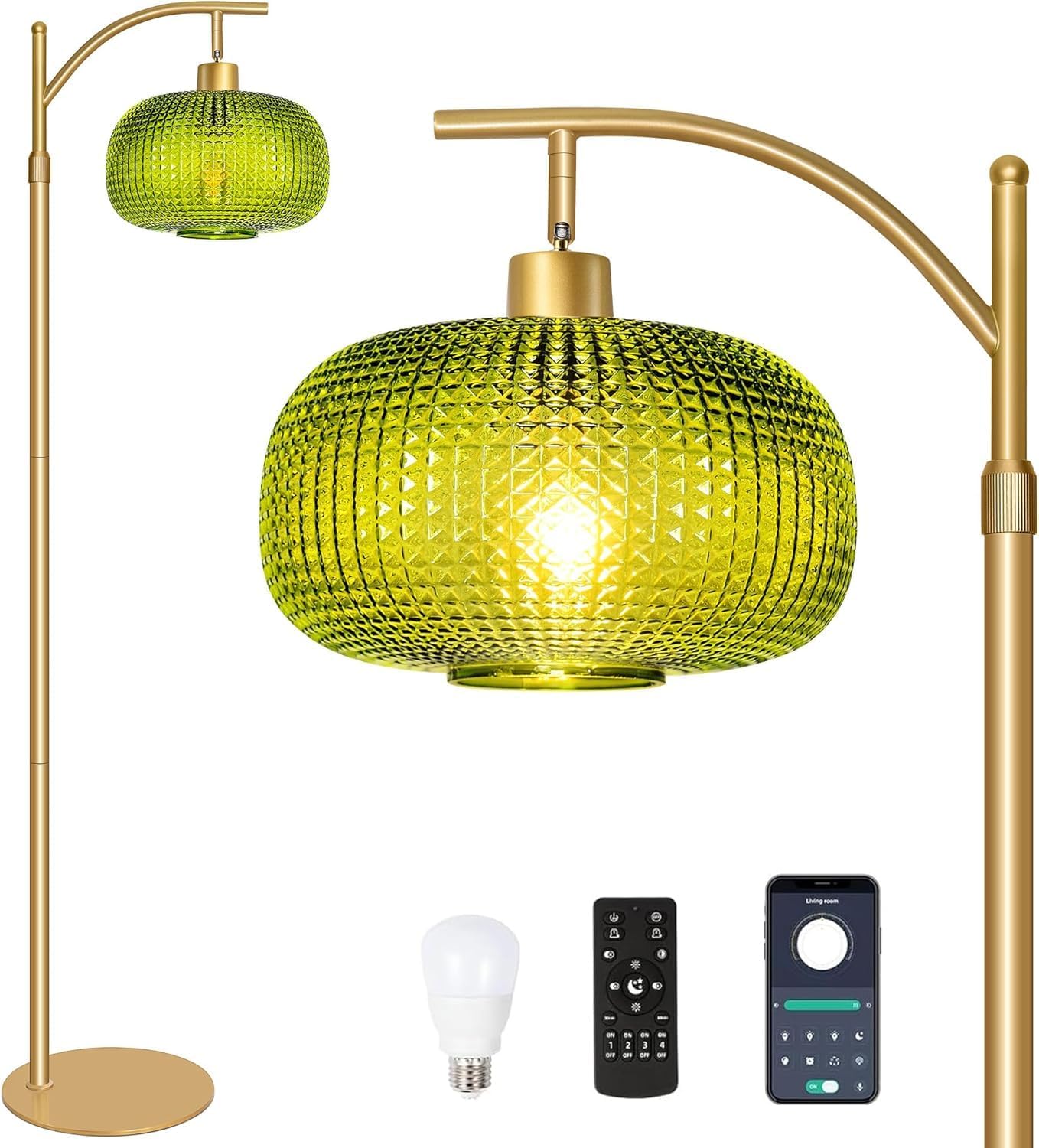 Glass Floor Lamp for Living Room, Modern Standing Lamp with Green Lampshade, Dimmable Gold Tall Lamp with Remote, Retro Vintage Tall Floor Lamps with 12W Bulb