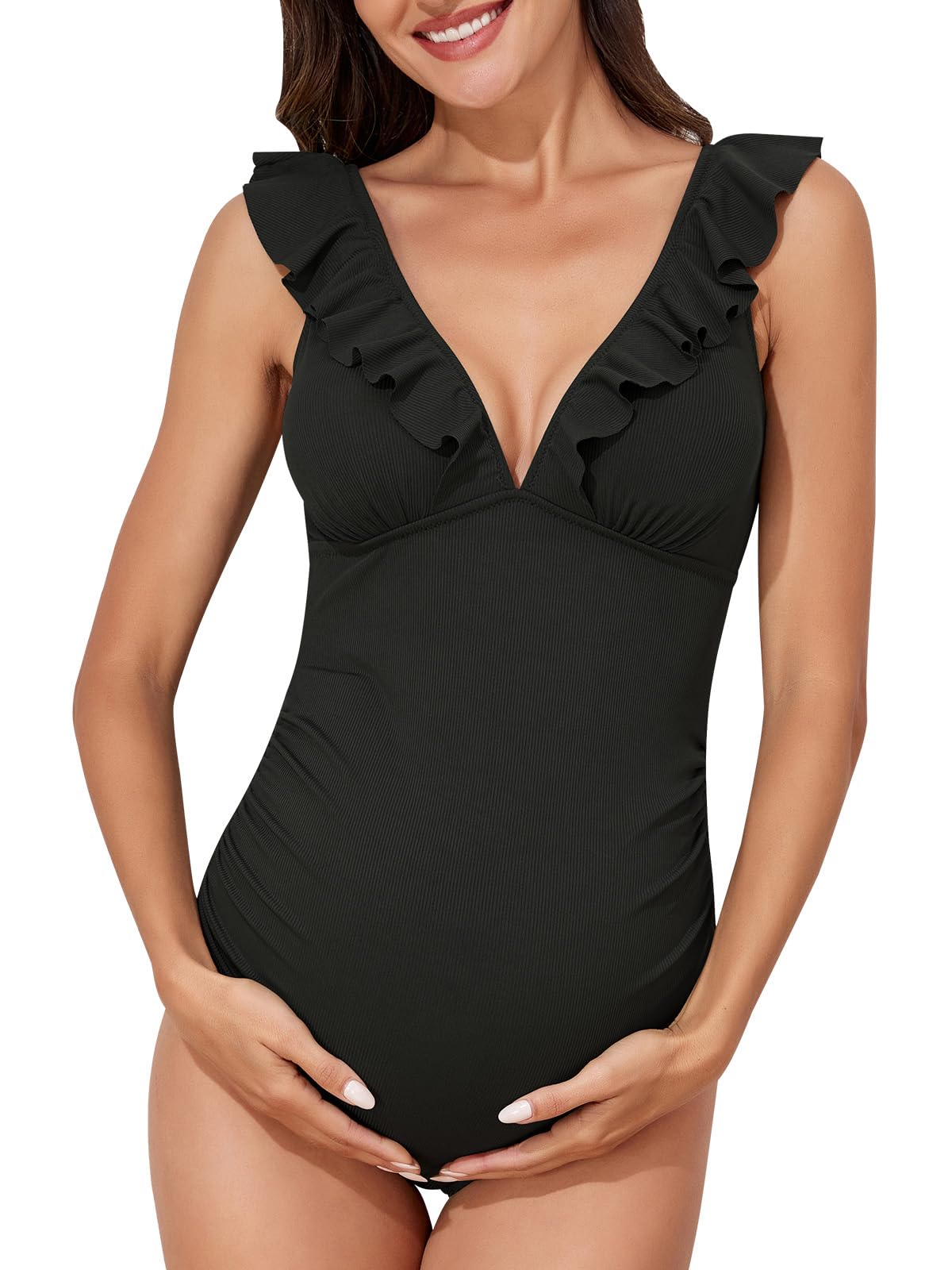 Summer Mae Ruffle Maternity Swimsuit One Piece V-Neck Pregnancy Bathing Suit Lace Up Swimwear Push Up Monokini