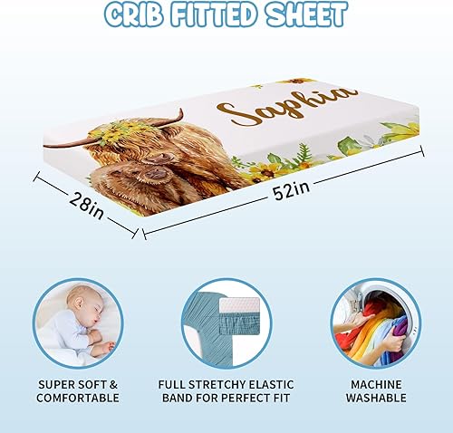 Miniatura 5 de Juego de ropa de cama personalizado para cuna de vaca de las tierras altas para bebés, niños y niñas, juego de manta personalizada de doble capa con