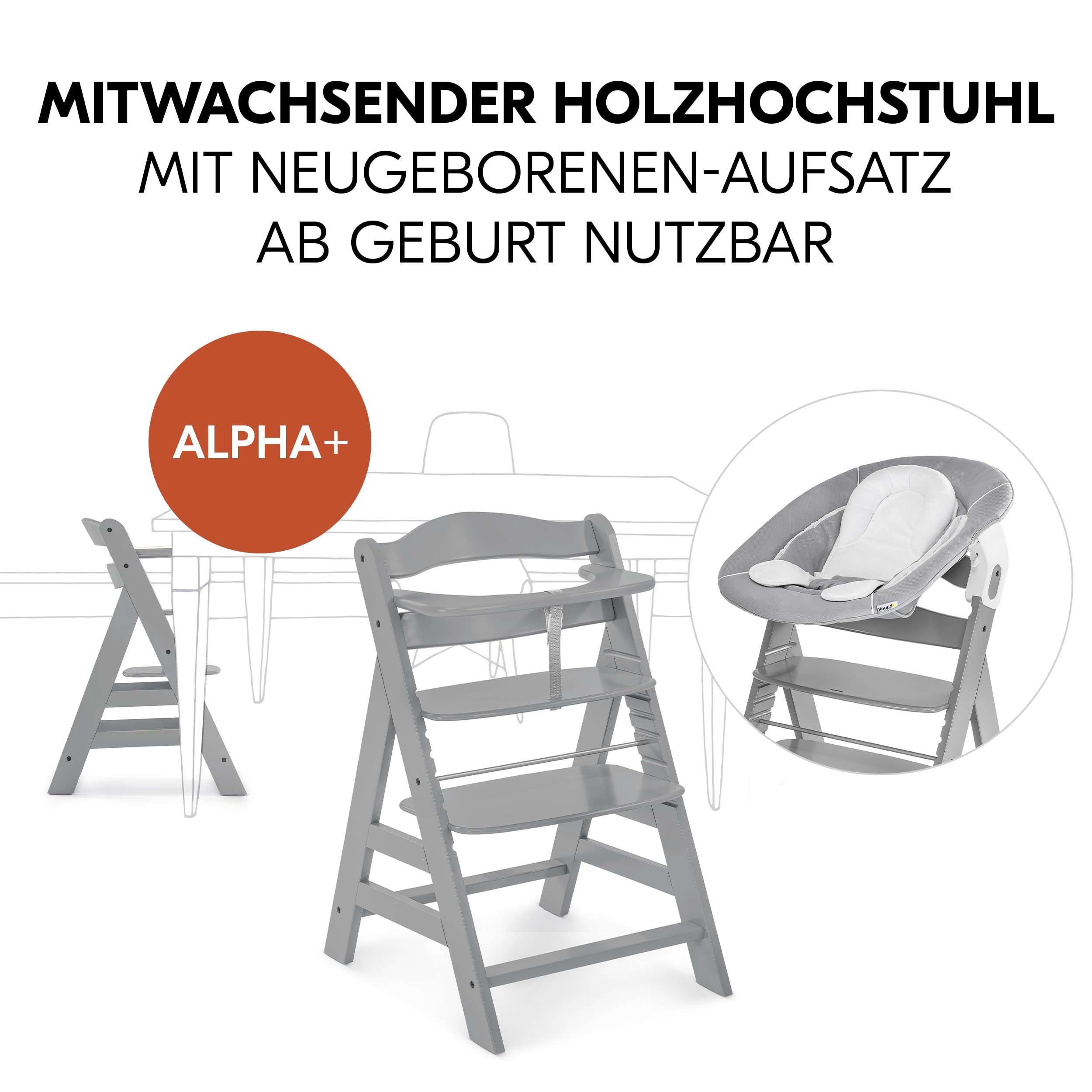 hauck Alpha+ Hochstuhl Newborn Set mit 2in1 Bouncer - Grau | Mitwachsender Holz Kinderhochstuhl ab Geburt bis 90 kg | inkl. Neugeborenenaufsatz & Sitzkissen