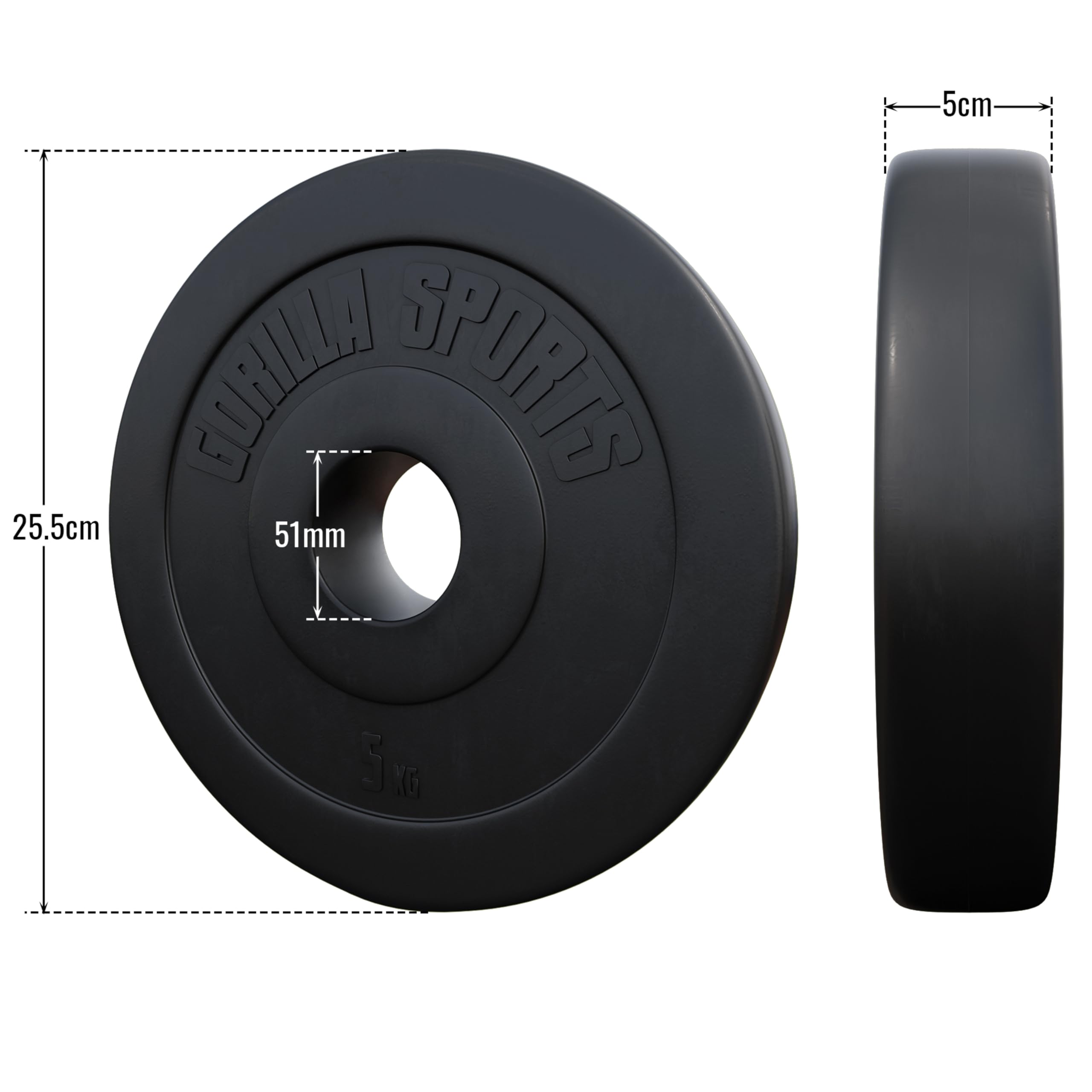GORILLA SPORTS® Olympia - Discos de pesas (1,25 kg, 2,5 kg, 5 kg, 10 kg, 15 kg, 20 kg, 30 kg, 1,25 kg, 30 kg, orificio de 50 mm, de plástico, discos olímpicos)