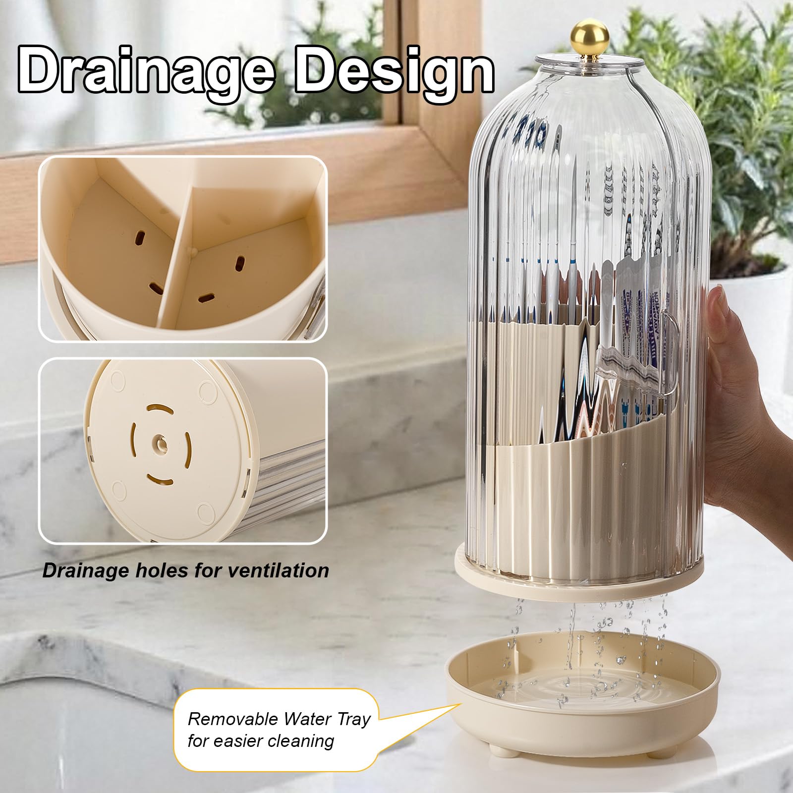 Drehbarer Zahnbürstenhalter mit Abdeckung, staubdichter Zahnbürstenhalter mit Schiebedeckel, elektrische Zahnbürste und Zahnpasta-Organizer für Badezimmer, Make-up-Pinselhalter für Schminktisch, Beige