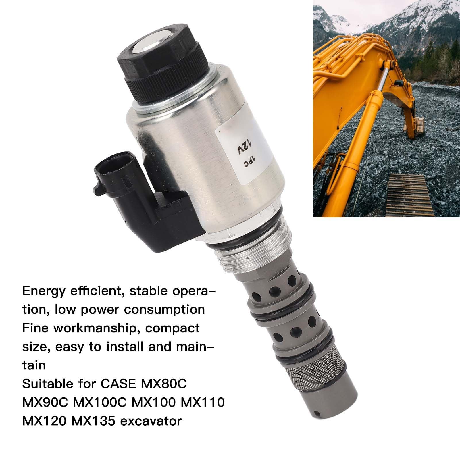 180584A1 Válvula Solenoide 12V para Excavadora CASE MX80C MX90C MX100C MX100 MX110 MX120 MX135, Material de Aleación de Acero, Fácil Instalación y Mantenimiento