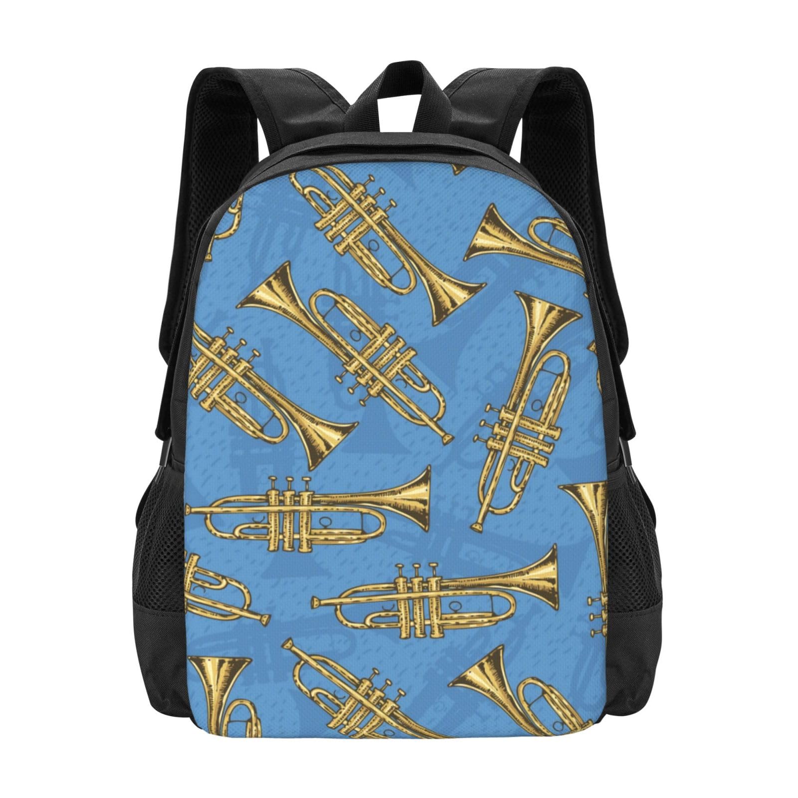 Rqzwdq Golden Trombones Of Music Notes Pattern Backpack Adjustable Bags Casual Daypack Rucksack Travel Holder Outdoor Bookbags For Women Men Adult 17 Inches