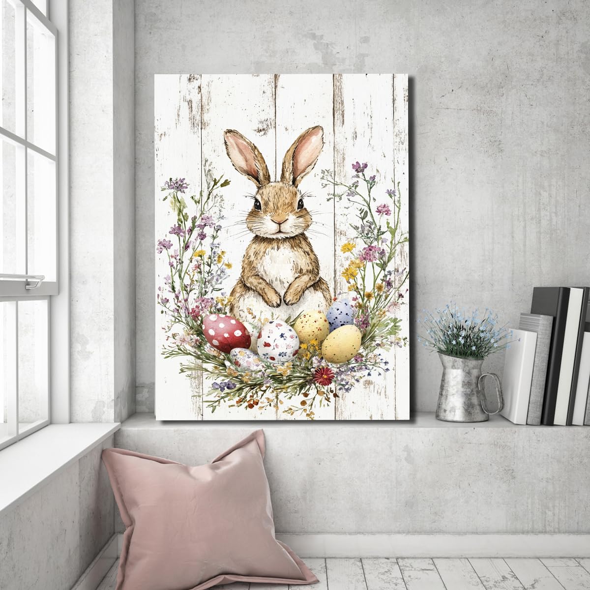 Wielkanocny królik uroczy królik wielkanocny jajka wielkanocne rustykalny obraz na płótnie vintage dekoracja domu na Boże Narodzenie wiosna dekoracje 65 x 100 cm rama wewnętrzna