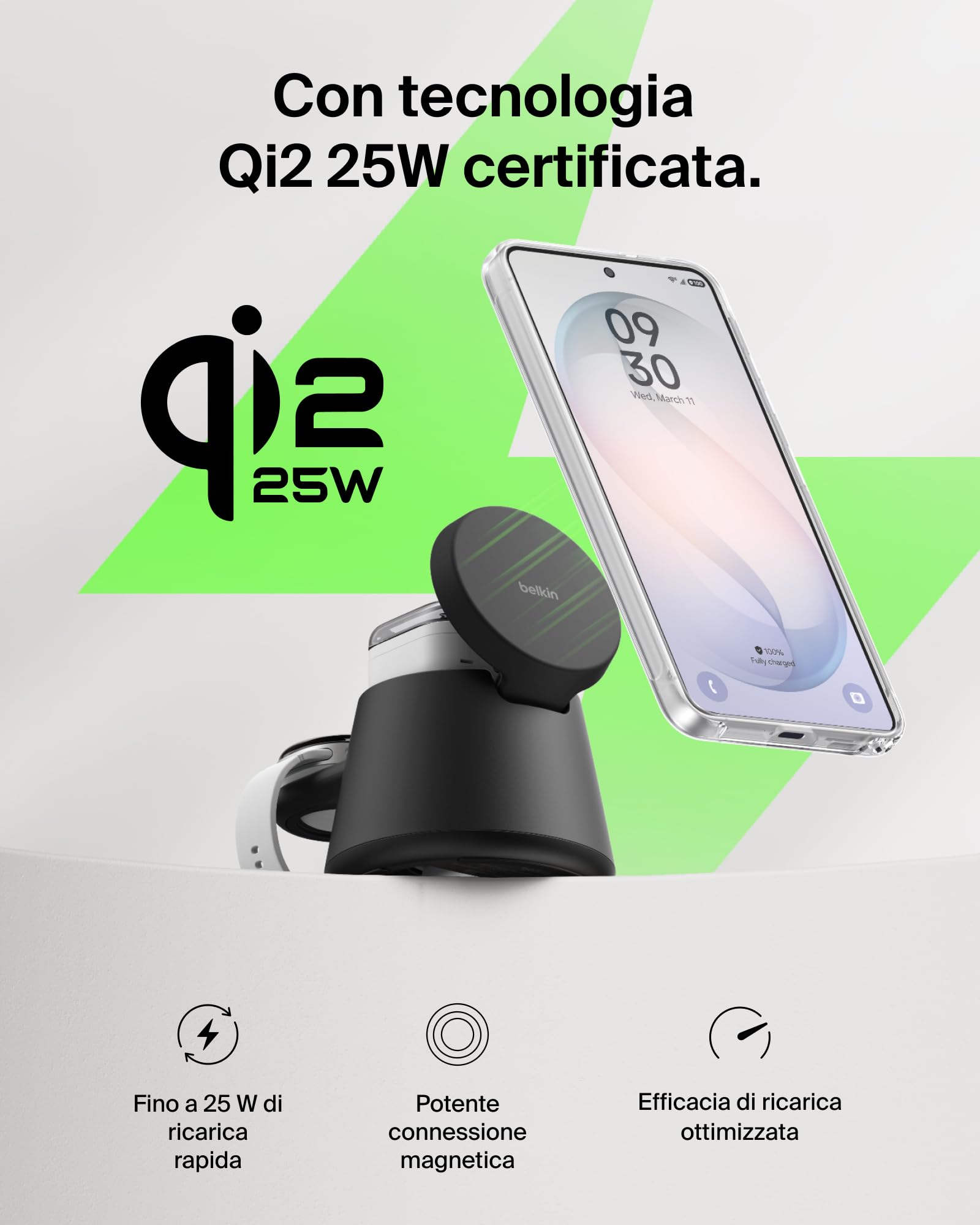 Belkin UltraCharge Caricatore Wireless Magnetico 3 in 1 Qi2.2 25W con Porta USBC, Stazione di Ricarica per Samsung Galaxy S26, Galaxy Watch, Pixel 10, Pixel Watch, Apple Watch, con Alimentatore 45W