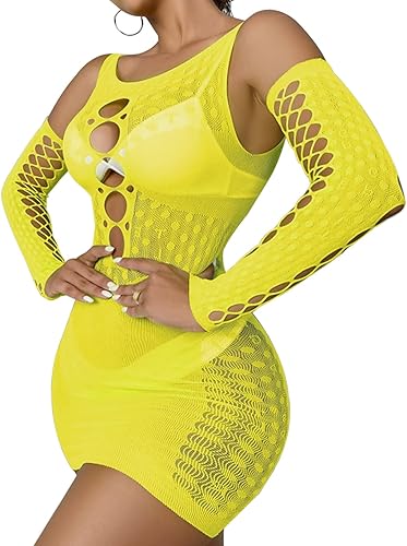 RechicGu Lencería de malla para mujer, con agujero de malla, lencería de manga larga, babydoll de talla libre para mujeres y niñas