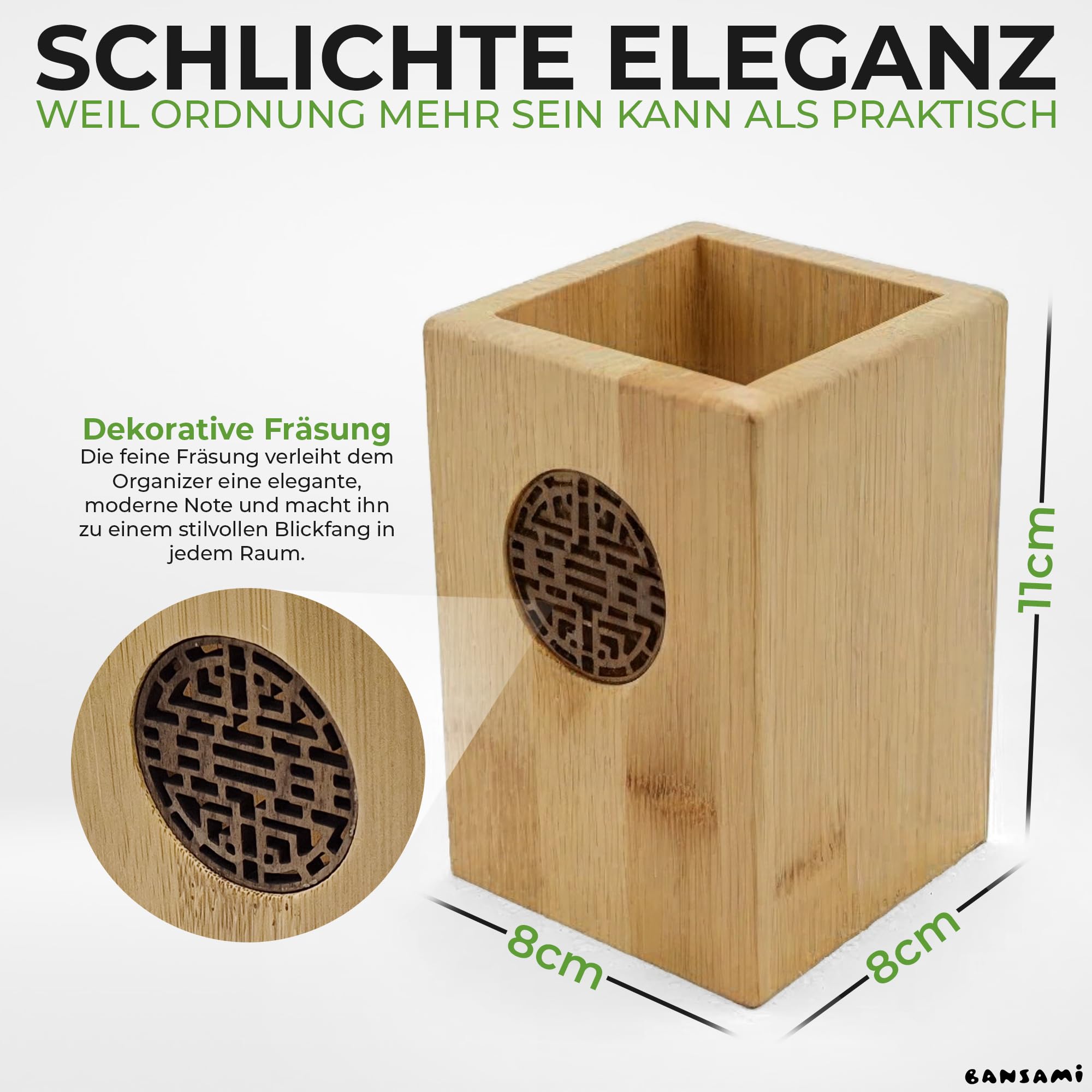 Lot de 3 pots à crayons en bambou - Pot à crayons et porte-pinceaux avec insert décoratif en bois - Organisateur pour bureau, maquillage et cosmétiques (lot de 3)